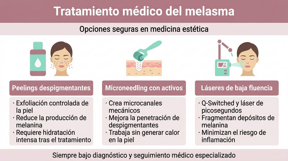 Infografía con un resumen visual de los principales tratamientos médicos para el melasma.