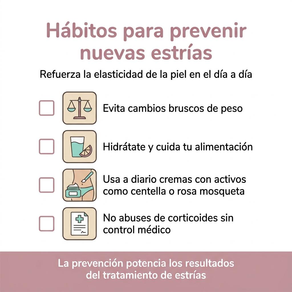 Infografía con una lista de hábitos cotidianos para prevenir la aparición de nuevas estrías en la piel.