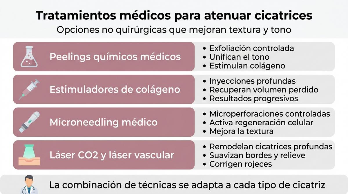 Infografía con una lista de los principales tratamientos médicos para atenuar cicatrices como peelings, estimuladores de colágeno, microneedling y láser.