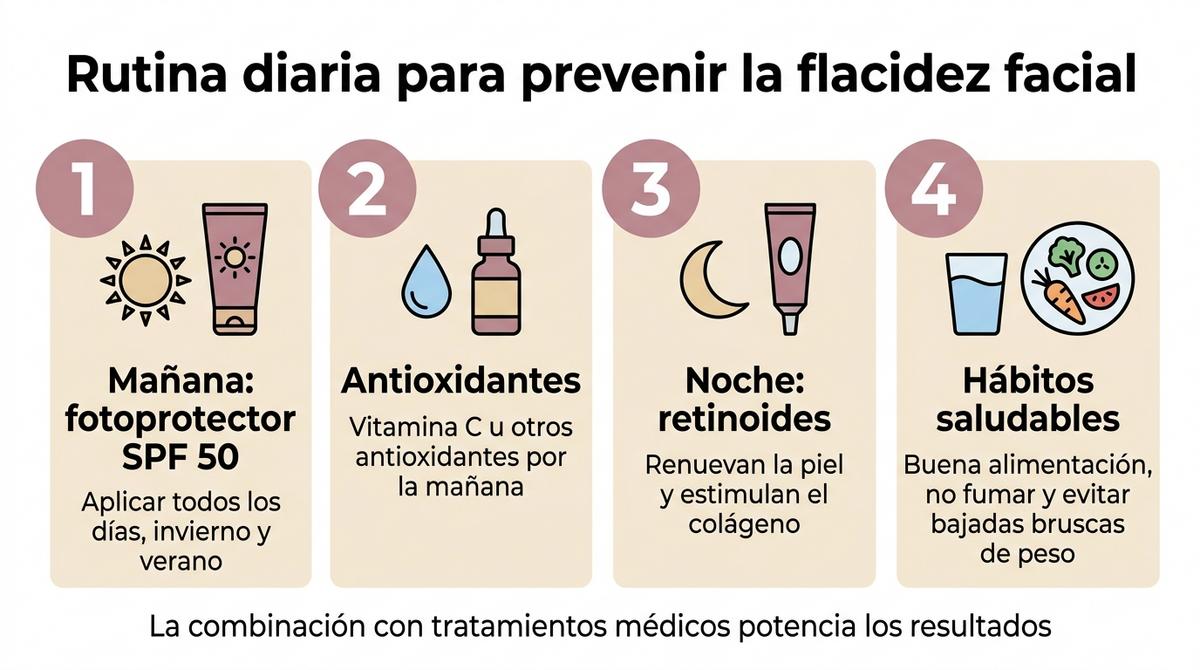 Infografía con una rutina diaria recomendada para prevenir la flacidez facial.
