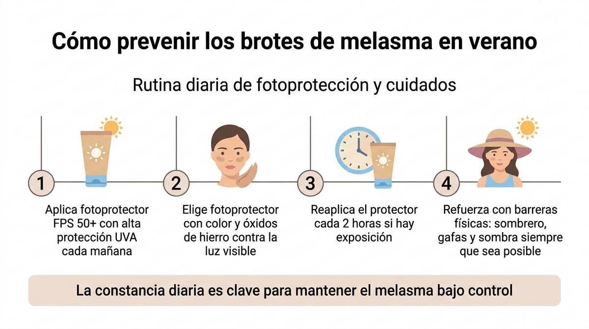 Infografía con una rutina paso a paso para prevenir los brotes de melasma en verano.