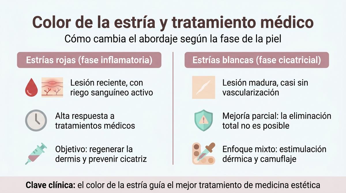 Infografía que compara las características y el tratamiento médico de las estrías rojas frente a las estrías blancas.