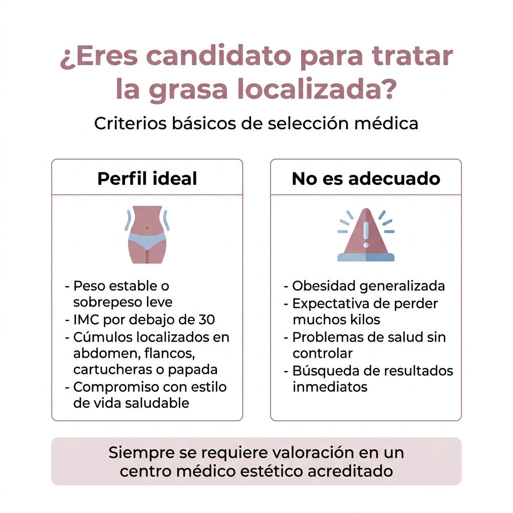 Infografía que resume el perfil ideal de candidato y los casos no adecuados para tratar la grasa localizada con medicina estética.