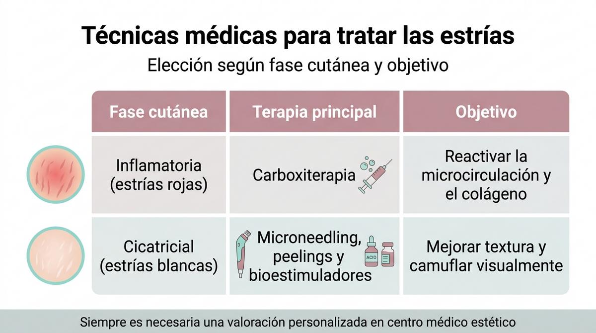 Infografía que resume las principales técnicas médicas para tratar estrías según la fase de la piel y el objetivo.