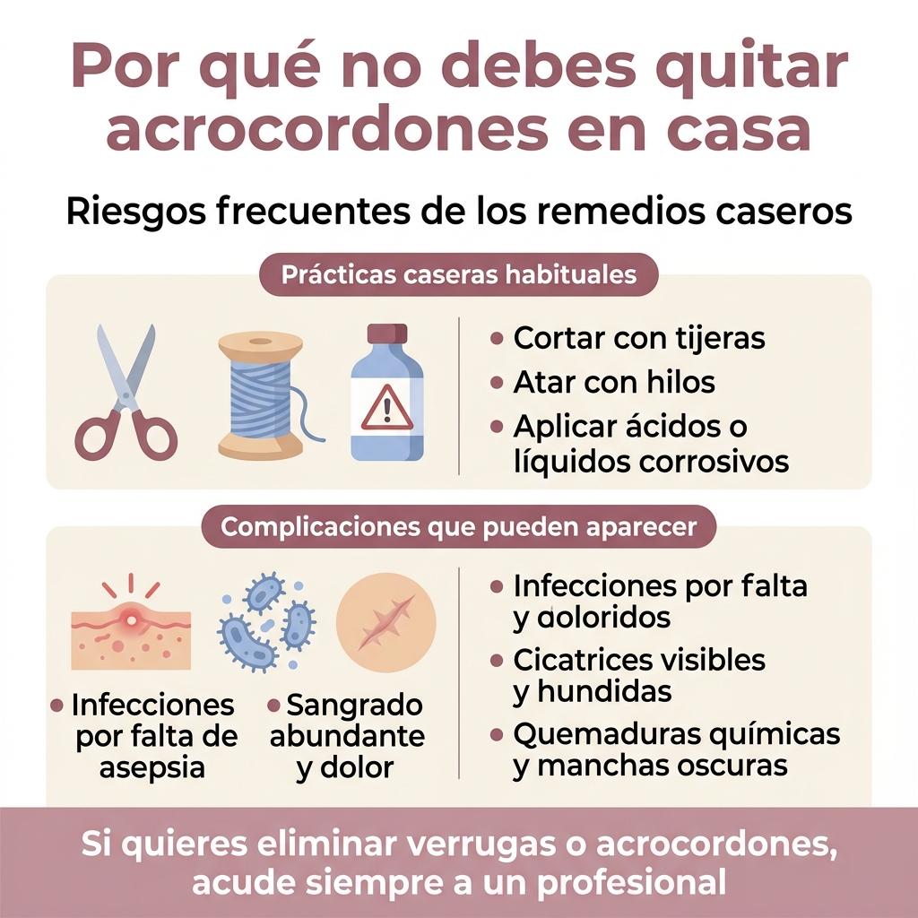 Infografía que resume los principales riesgos de intentar quitar acrocordones y verrugas en casa con métodos caseros
