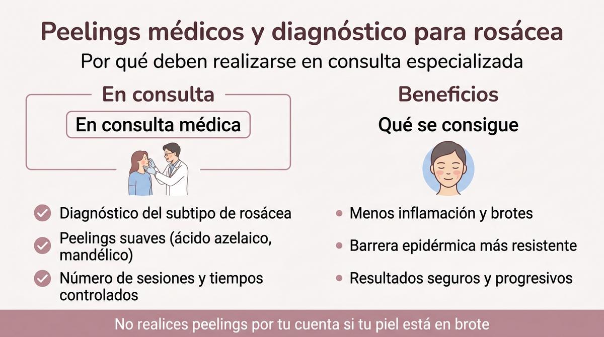 Infografía sobre peelings médicos superficiales y diagnóstico personalizado para tratar la rosácea.