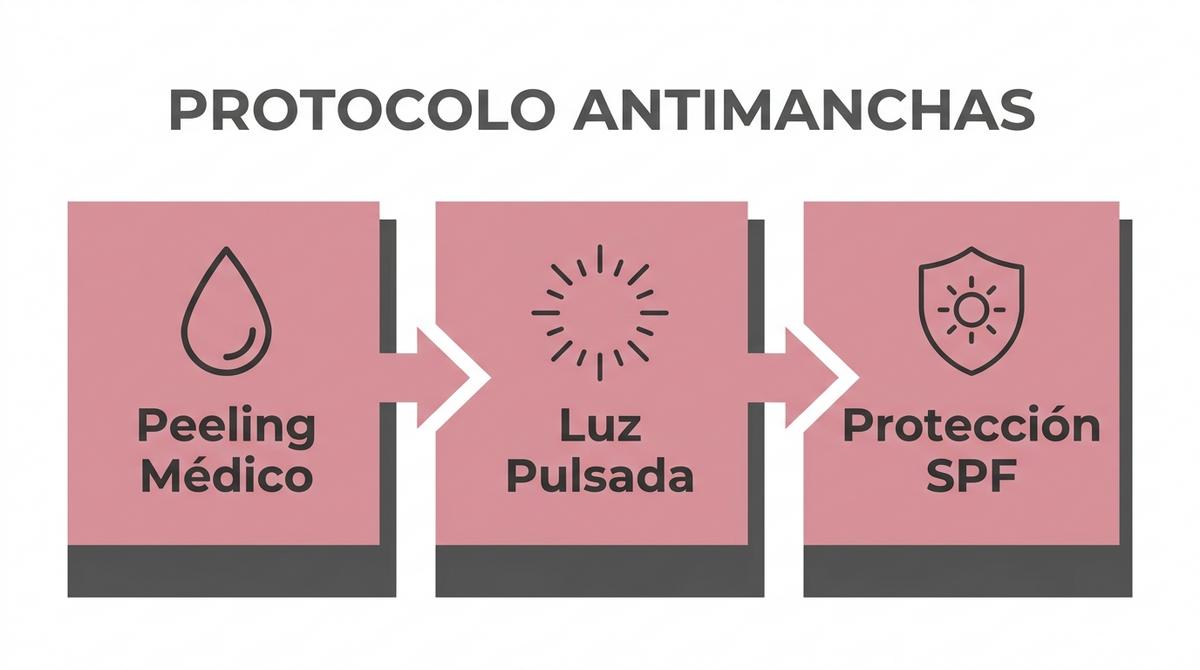 Infografía detallando el protocolo antimanchas para manos con peeling médico, luz pulsada y protección solar.