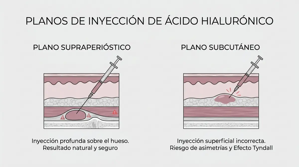 Diagrama técnico comparativo sobre los planos de inyección correcto e incorrecto del ácido hialurónico en la mandíbula.