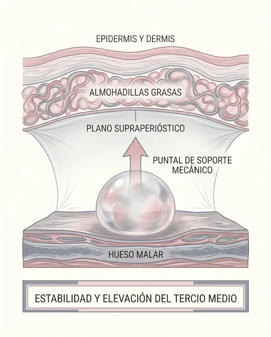 Infografía anatómica del plano supraperióstico en el relleno de pómulos con ácido hialurónico